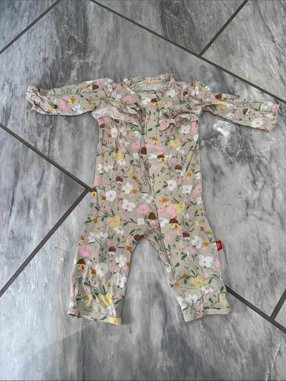 Magnetic Me Floral Ruffle Footie in Pink, Yellow, White on Cream
